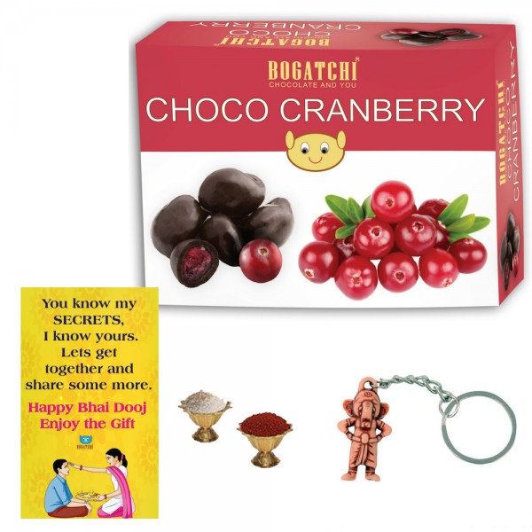  Complete Bhai Dooj Gift Hamper for Brother, Chocolate Coated Cranberry, 200g + FREE Bhai Dooj Greeting Card + Free Beautiful Ganesha Key Chain + Roli Chawal